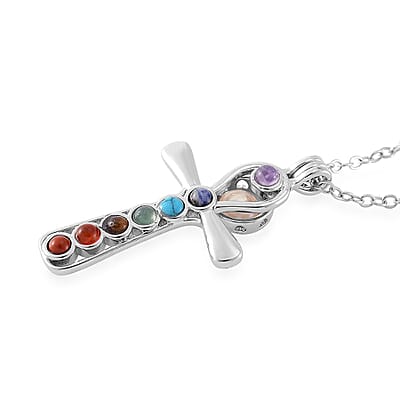 Freshwater Pearl and Multi Gemstone 1.20 ctw Seven Chakra Cross Pendant Necklace in Silvertone 20-22 Inches