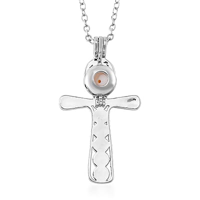 Freshwater Pearl and Multi Gemstone 1.20 ctw Seven Chakra Cross Pendant Necklace in Silvertone 20-22 Inches