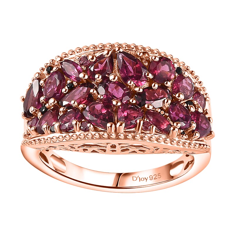 Orissa Rhodolite Garnet and Thai Black Spinel Blooming Floral Ring in 18K Vermeil Rose Gold Over Sterling Silver (Size 10.0) 4.00 ctw