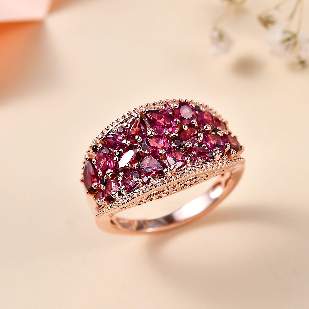 Orissa Rhodolite Garnet and Thai Black Spinel Blooming Floral Ring in 18K Vermeil Rose Gold Over Sterling Silver (Size 10.0) 4.00 ctw image number 1
