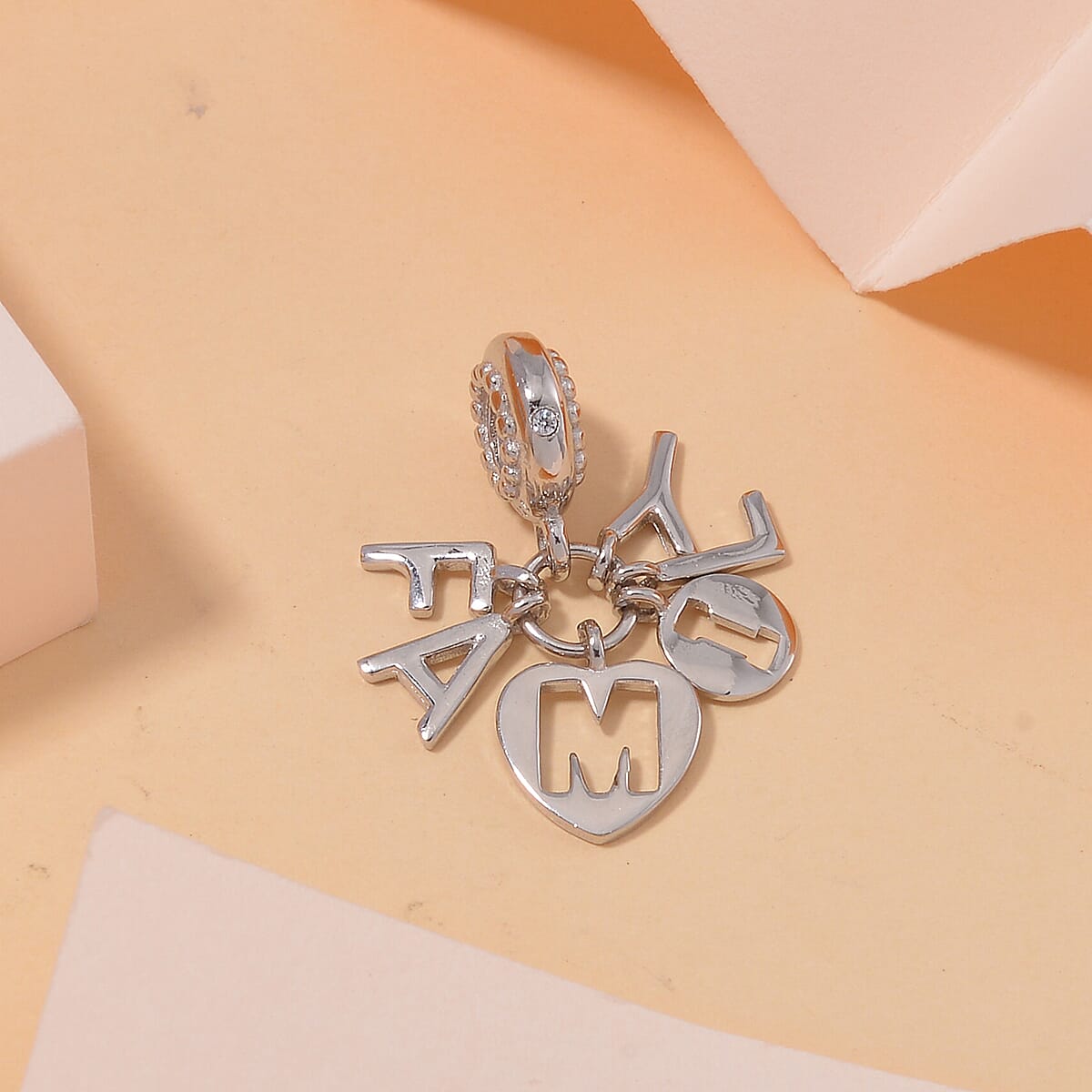 Simulated Diamond Family Charm in Rhodium Over Sterling Silver image number 1