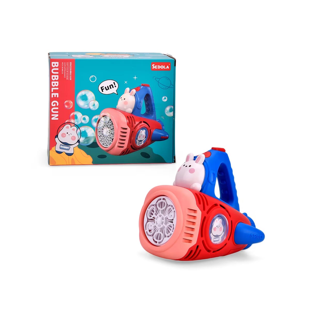 Red Rechargeable Bubble Gun with 6 Holes with Cute Cartoon Figure (500 mAh) image number 0