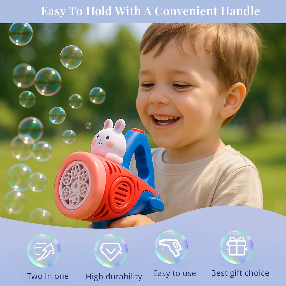 Red Rechargeable Bubble Gun with 6 Holes with Cute Cartoon Figure (500 mAh) image number 2