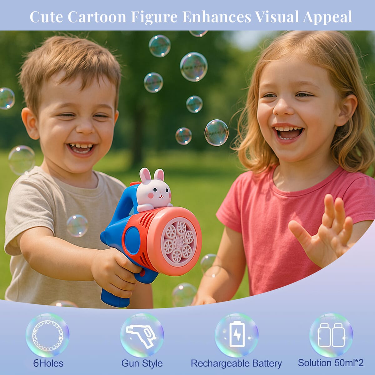 Red Rechargeable Bubble Gun with 6 Holes with Cute Cartoon Figure (500 mAh) image number 3