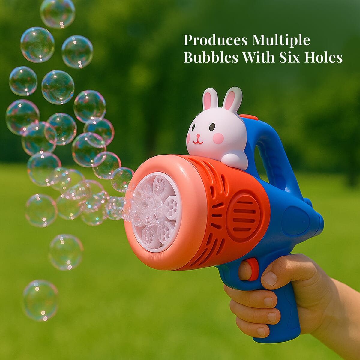 Red Rechargeable Bubble Gun with 6 Holes with Cute Cartoon Figure (500 mAh) image number 5