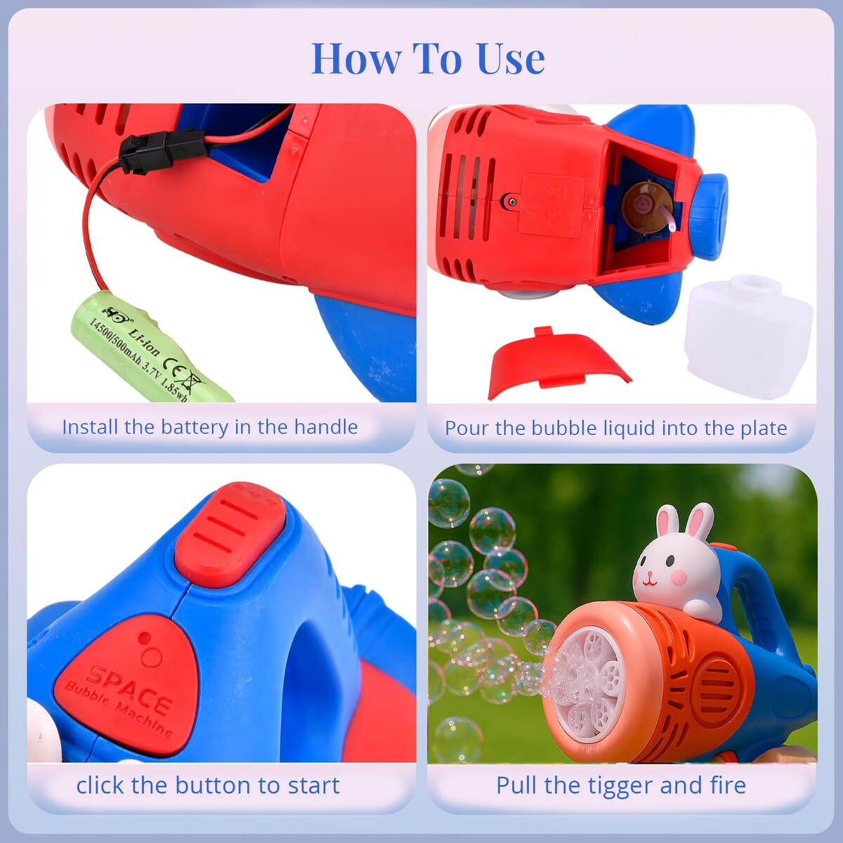 Red Rechargeable Bubble Gun with 6 Holes with Cute Cartoon Figure (500 mAh) image number 6