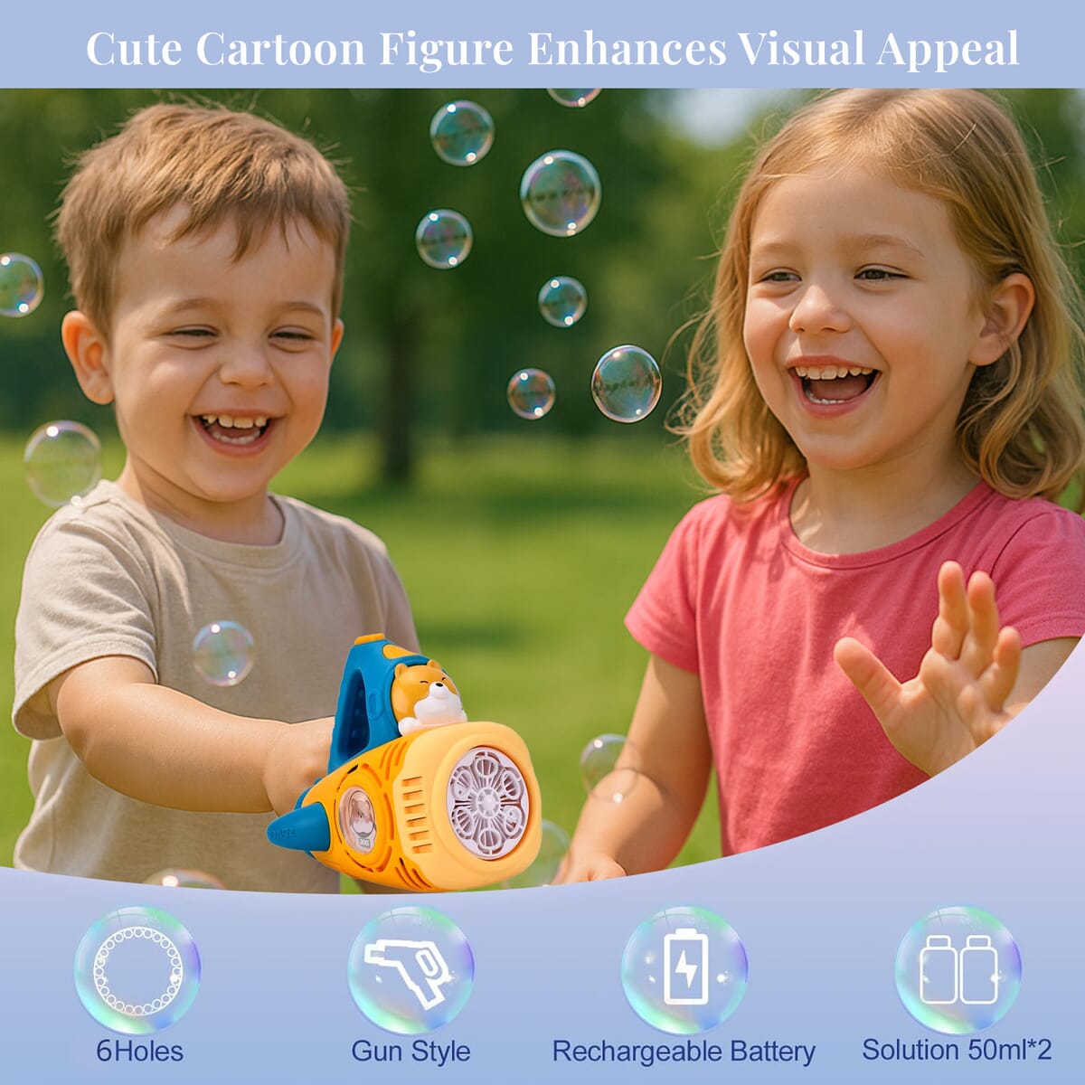 Yellow Rechargeable Bubble Gun with 6 Holes with Cute Cartoon Figure (500 mAh) image number 3