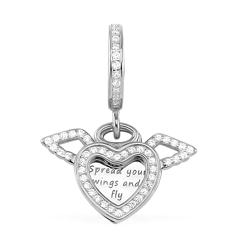 Simulated Diamond 0.65 ctw Angels and Love Charm in Rhodium Over Sterling Silver