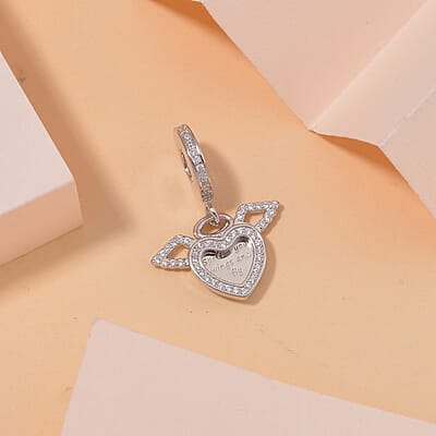 Simulated Diamond 0.65 ctw Angels and Love Charm in Rhodium Over Sterling Silver