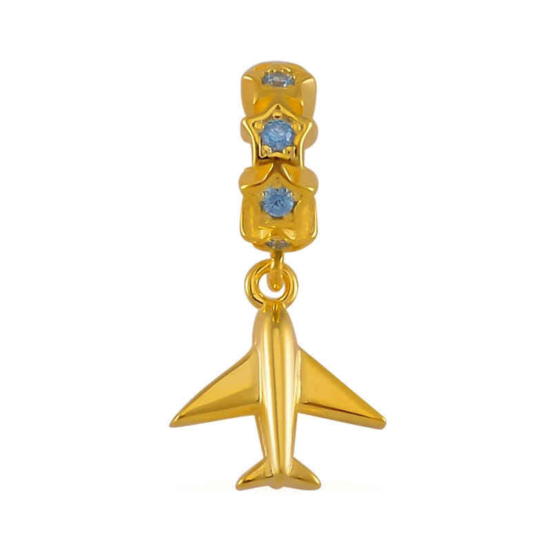 Simulated Blue Diamond 0.10 ctw Airplane Charm in 14K Yellow Gold Over Sterling Silver