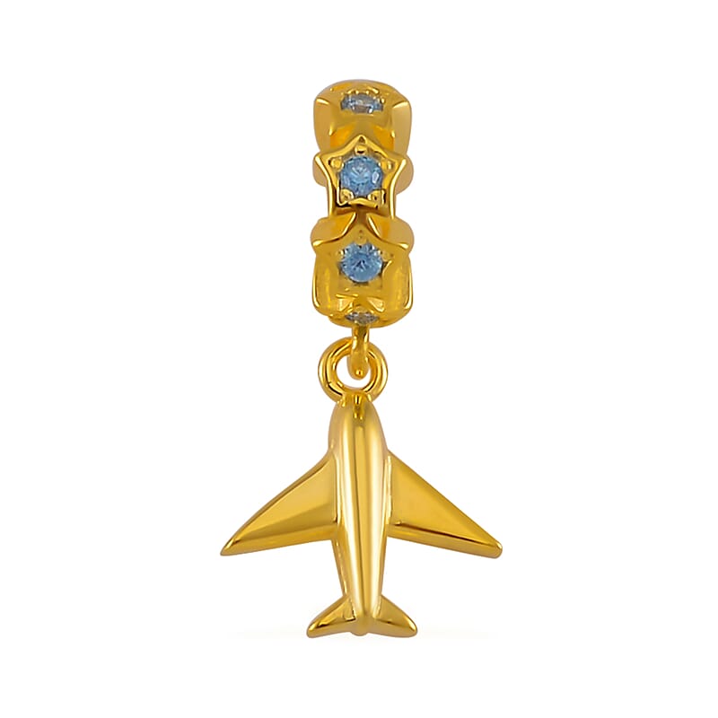 Simulated Blue Diamond 0.10 ctw Airplane Charm in 14K Yellow Gold Over Sterling Silver