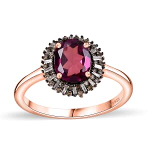 Premium Radiant Ember Garnet, Natural Champagne and White Diamond Sunrays Ring in 18K Vermeil Rose Gold Over Sterling Silver (Size 10.0) 2.35 ctw