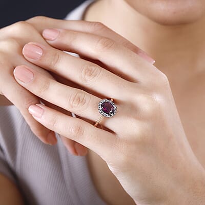 Premium Radiant Ember Garnet, Natural Champagne and White Diamond Sunrays Ring in 18K Vermeil Rose Gold Over Sterling Silver (Size 10.0) 2.35 ctw