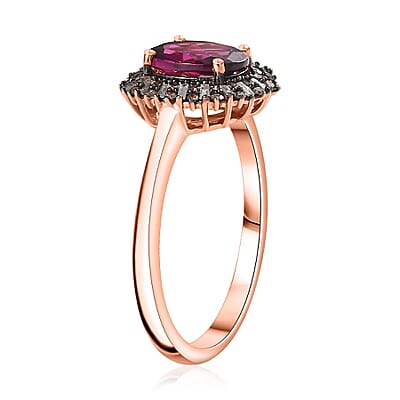 Premium Radiant Ember Garnet, Natural Champagne and White Diamond Sunrays Ring in 18K Vermeil Rose Gold Over Sterling Silver (Size 10.0) 2.35 ctw