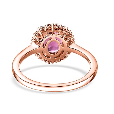 Premium Radiant Ember Garnet, Natural Champagne and White Diamond Sunrays Ring in 18K Vermeil Rose Gold Over Sterling Silver (Size 10.0) 2.35 ctw