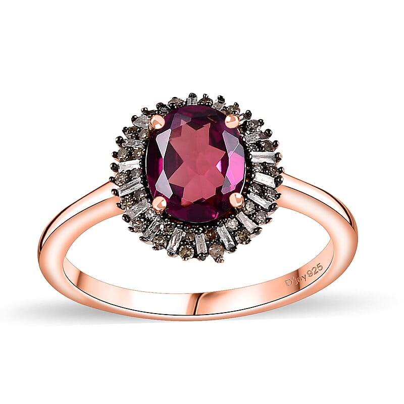 Premium Radiant Ember Garnet, Natural Champagne and White Diamond Sunrays Ring in 18K Vermeil Rose Gold Over Sterling Silver (Size 6.0) 2.35 ctw