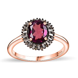 Premium Radiant Ember Garnet, Natural Champagne and White Diamond Sunrays Ring in 18K Vermeil Rose Gold Over Sterling Silver (Size 7.0) 2.35 ctw