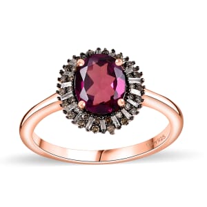 Premium Radiant Ember Garnet, Natural Champagne and White Diamond Sunrays Ring in 18K Vermeil Rose Gold Over Sterling Silver (Size 9.0) 2.35 ctw