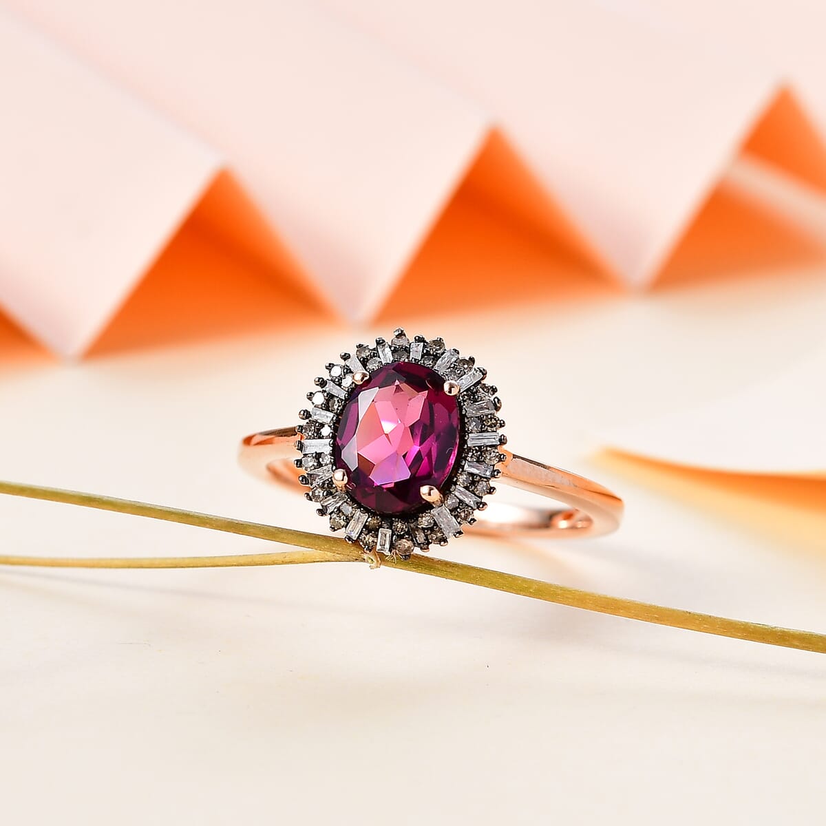 Premium Radiant Ember Garnet, Natural Champagne and White Diamond Sunrays Ring in 18K Vermeil Rose Gold Over Sterling Silver (Size 9.0) 2.35 ctw image number 1