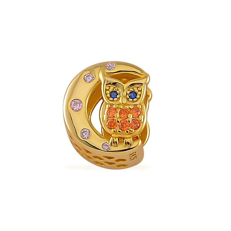 Simulated Multi Color Diamond 0.30 ctw Owl and Moon Charm in 14K Yellow Gold Over Sterling Silver