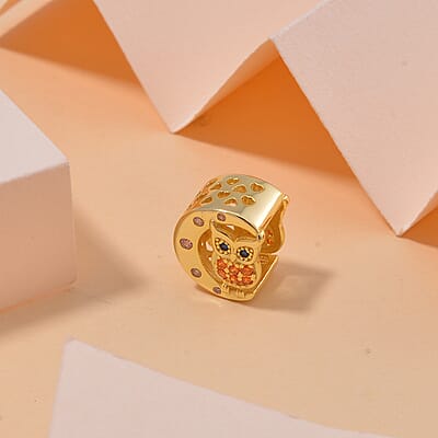 Simulated Multi Color Diamond 0.30 ctw Owl and Moon Charm in 14K Yellow Gold Over Sterling Silver