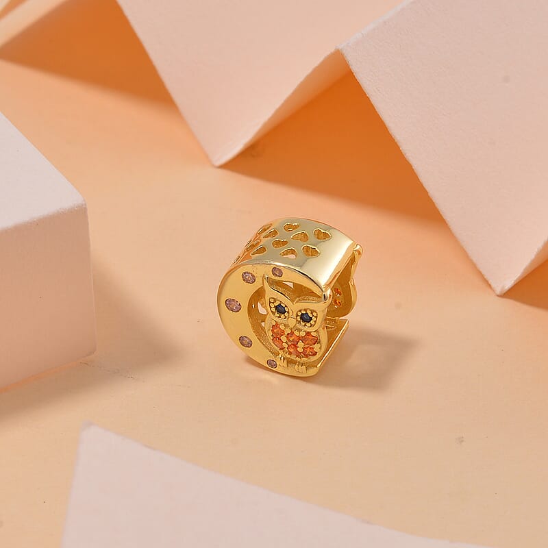 Simulated Multi Color Diamond 0.30 ctw Owl and Moon Charm in 14K Yellow Gold Over Sterling Silver