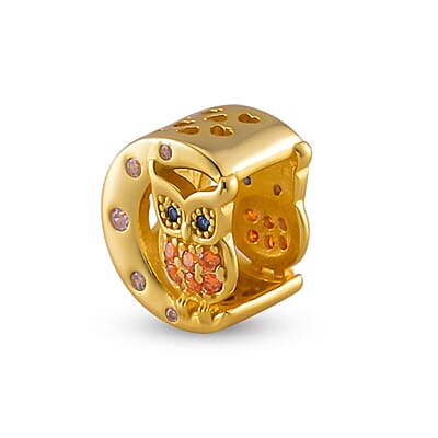 Simulated Multi Color Diamond 0.30 ctw Owl and Moon Charm in 14K Yellow Gold Over Sterling Silver