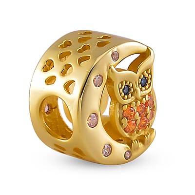 Simulated Multi Color Diamond 0.30 ctw Owl and Moon Charm in 14K Yellow Gold Over Sterling Silver