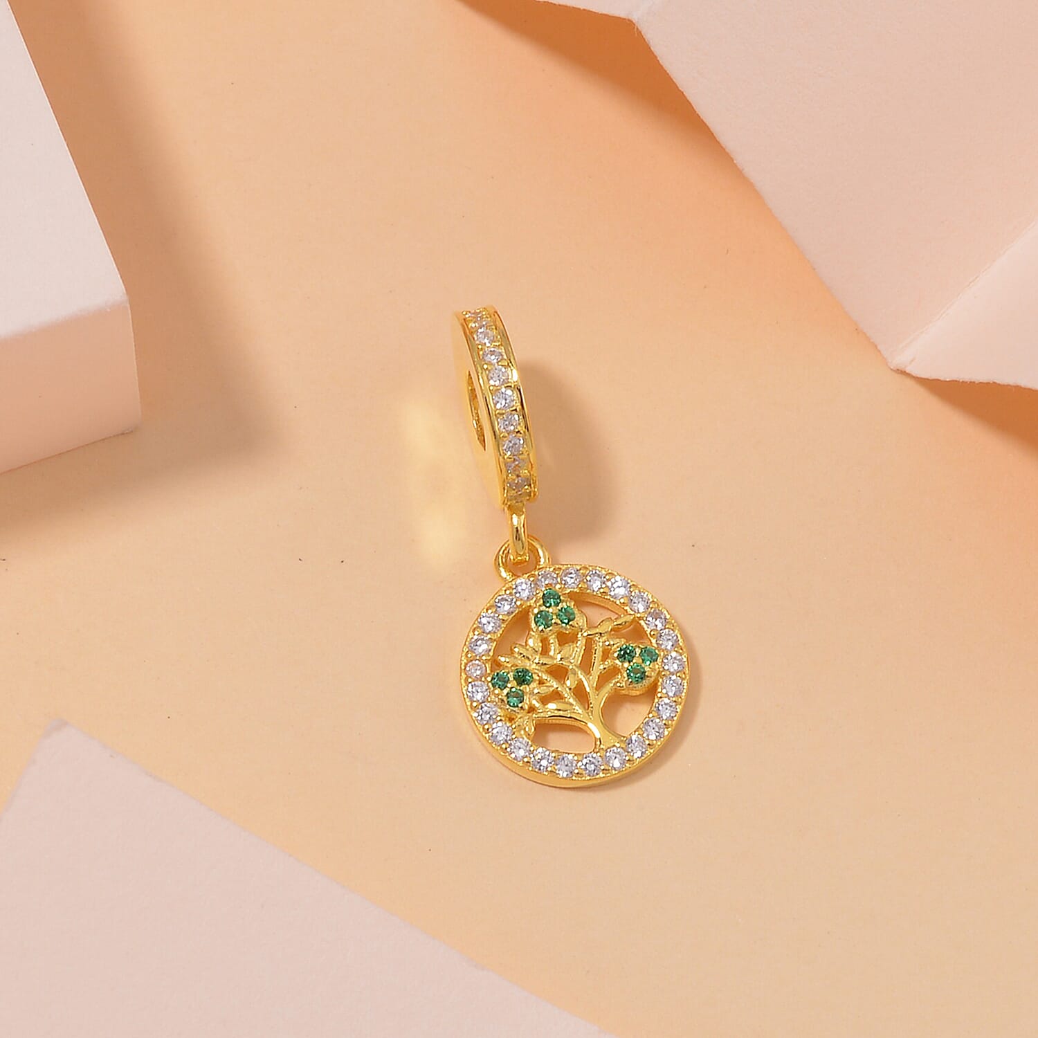 Simulated White and Green Diamond 0.60 ctw Retro Tree of Life Charm in 14K Yellow Gold Over Sterling Silver