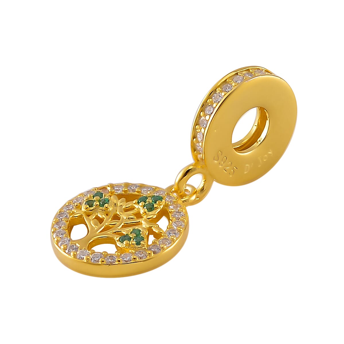 Simulated White and Green Diamond 0.60 ctw Retro Tree of Life Charm in 14K Yellow Gold Over Sterling Silver