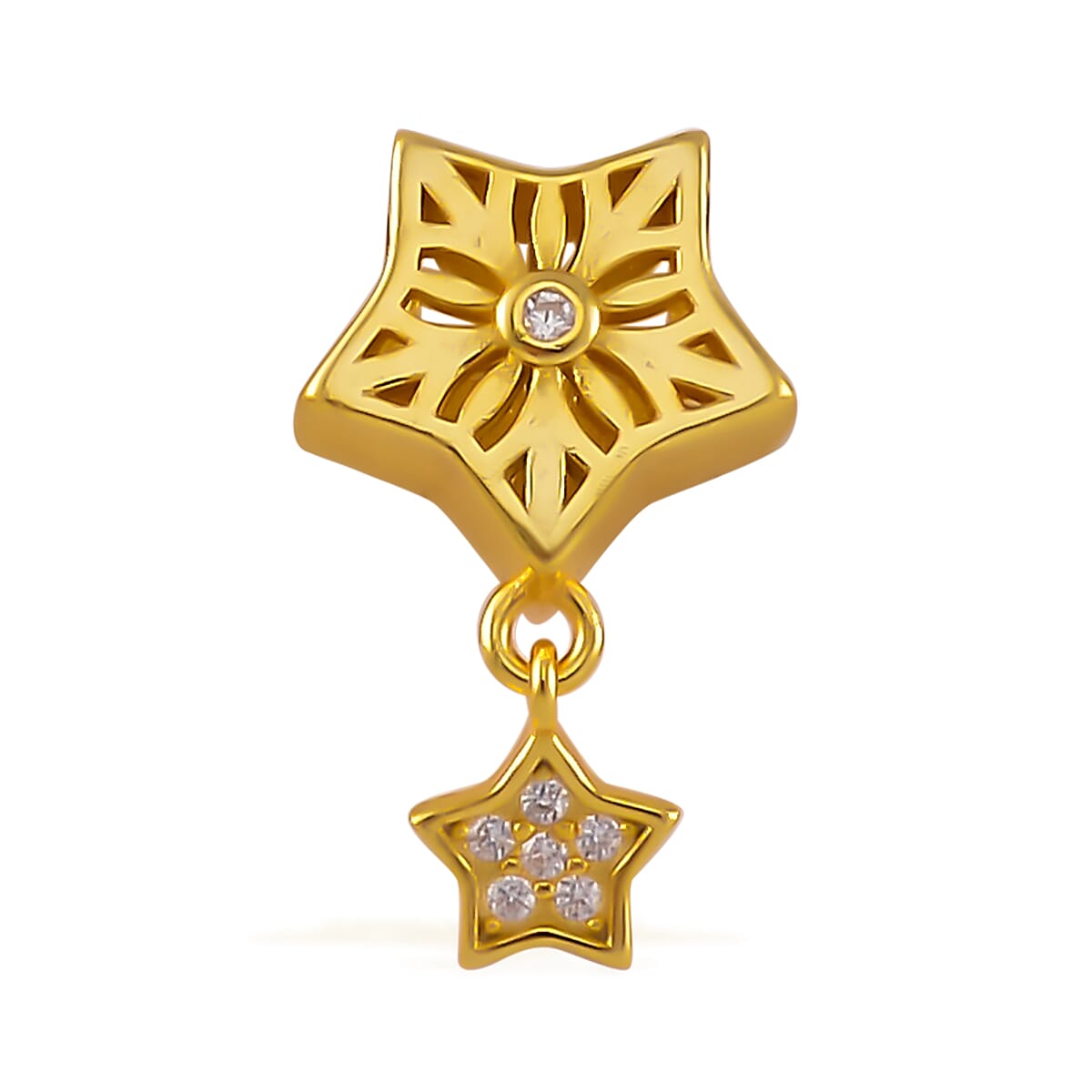 Simulated Diamond 0.10 ctw Two Stars Charm in 14K Yellow Gold Over Sterling Silver