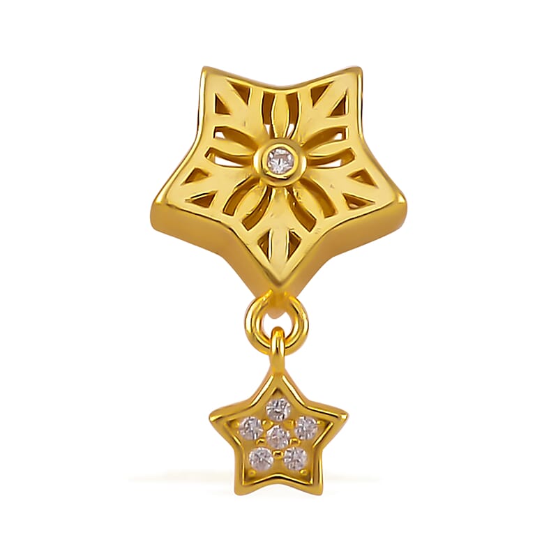 Simulated Diamond 0.10 ctw Two Stars Charm in 14K Yellow Gold Over Sterling Silver
