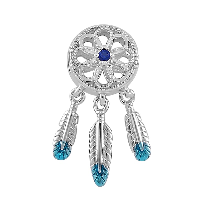 Simulated Blue Diamond Dreamcatcher Charm in Rhodium Over Sterling Silver