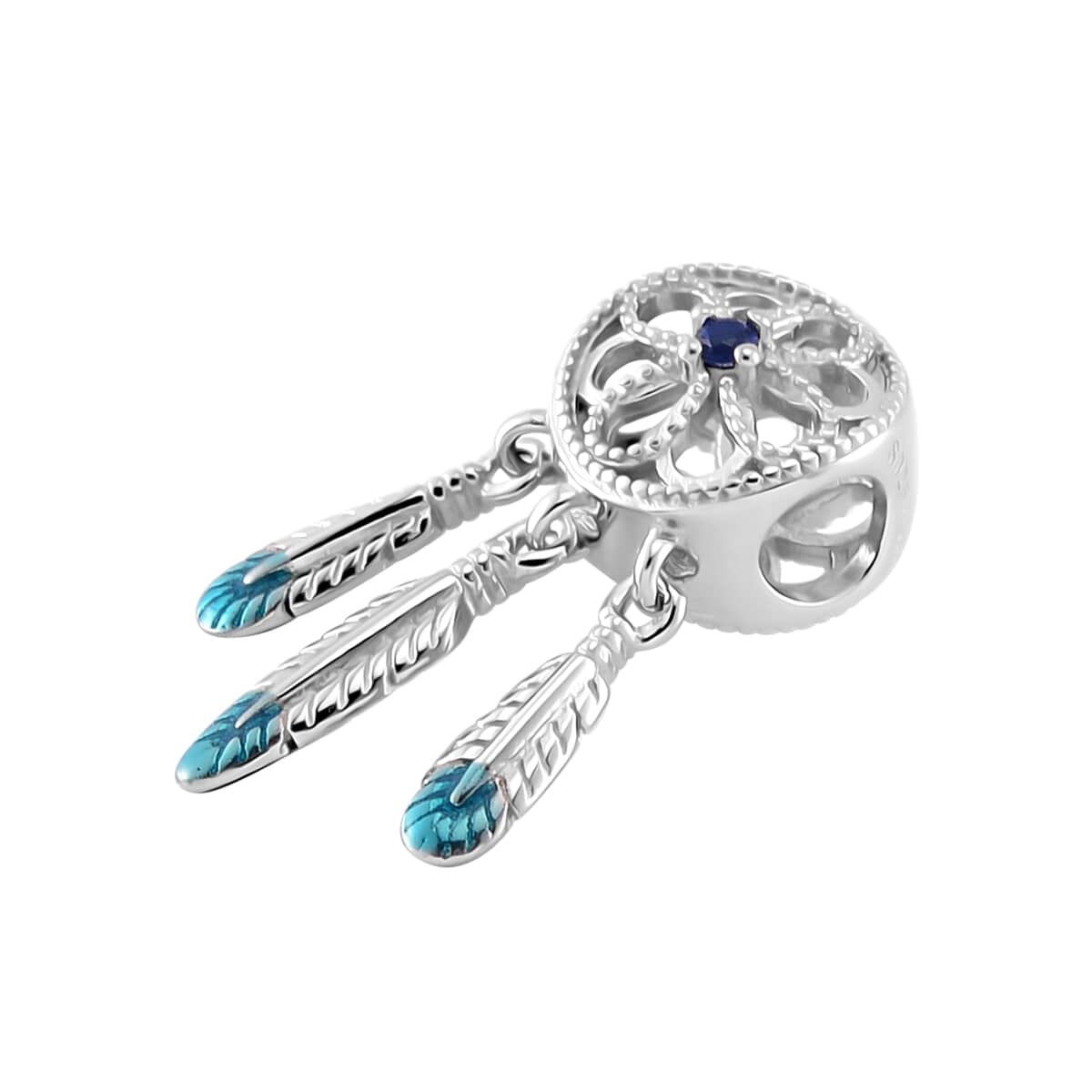 Simulated Blue Diamond Dreamcatcher Charm in Rhodium Over Sterling Silver image number 2