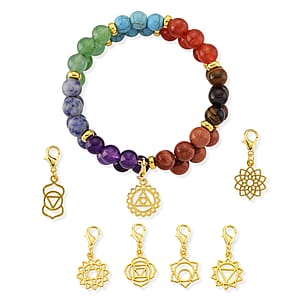 Multi Color Gemstone 80.00 ctw 10mm Seven Chakra 2 Rows Beaded Stretch Bracelet with Hamsa Hand Charm in Goldtone