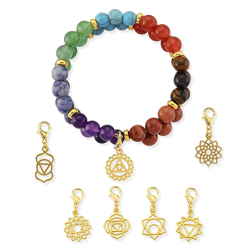 Multi Gemstone 80.00 ctw Seven Chakra 2 Rows Beaded Stretch Bracelet with 7pcs Hand Charm in Goldtone