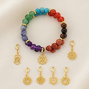 Multi Color Gemstone 80.00 ctw 10mm Seven Chakra 2 Rows Beaded Stretch Bracelet with Hamsa Hand Charm in Goldtone