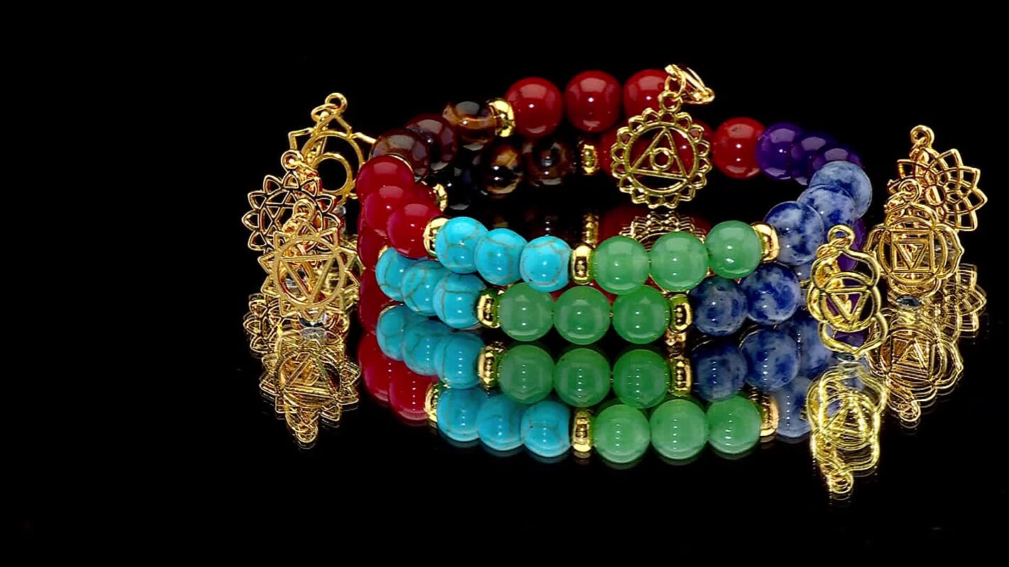 Multi Gemstone 80.00 ctw Seven Chakra 2 Rows Beaded Stretch Bracelet with 7pcs Hand Charm in Goldtone
