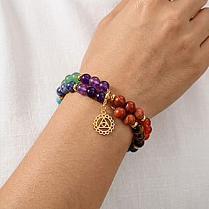 Multi Color Gemstone 80.00 ctw 10mm Seven Chakra 2 Rows Beaded Stretch Bracelet with Hamsa Hand Charm in Goldtone