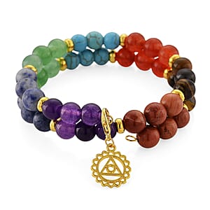 Multi Color Gemstone 80.00 ctw 10mm Seven Chakra 2 Rows Beaded Stretch Bracelet with Hamsa Hand Charm in Goldtone