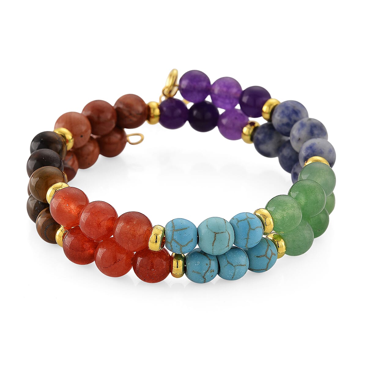 Multi Color Gemstone 80.00 ctw 10mm Seven Chakra 2 Rows Beaded Stretch Bracelet with Hamsa Hand Charm in Goldtone image number 4