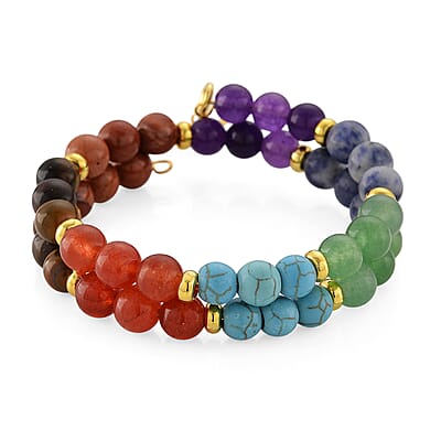 Multi Gemstone 80.00 ctw Seven Chakra 2 Rows Beaded Stretch Bracelet with 7pcs Hand Charm in Goldtone