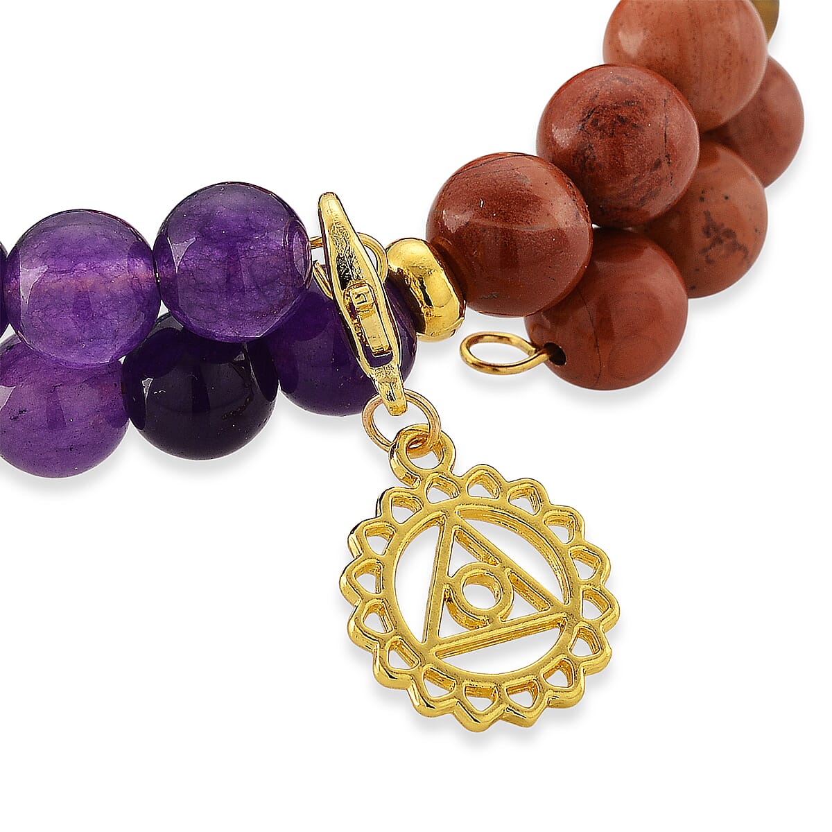 Multi Color Gemstone 80.00 ctw 10mm Seven Chakra 2 Rows Beaded Stretch Bracelet with Hamsa Hand Charm in Goldtone image number 5