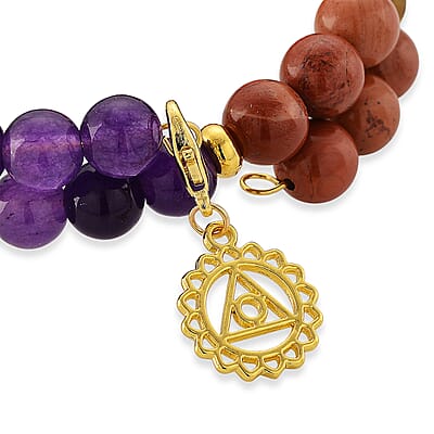 Multi Gemstone 80.00 ctw Seven Chakra 2 Rows Beaded Stretch Bracelet with 7pcs Hand Charm in Goldtone