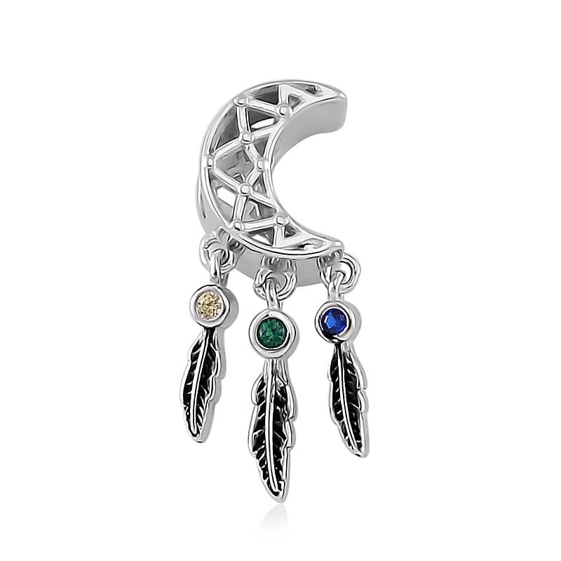 Simulated Multi Diamond Retro Moon Dreamcatcher Charm in Rhodium Over Sterling Silver 0.07 ctw