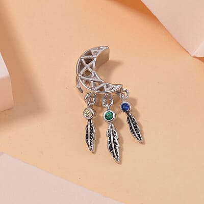 Simulated Multi Diamond Retro Moon Dreamcatcher Charm in Rhodium Over Sterling Silver 0.07 ctw