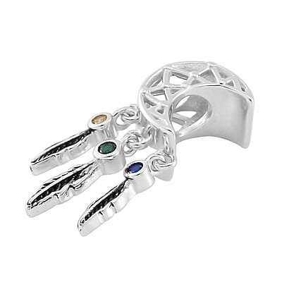 Simulated Multi Diamond Retro Moon Dreamcatcher Charm in Rhodium Over Sterling Silver 0.07 ctw