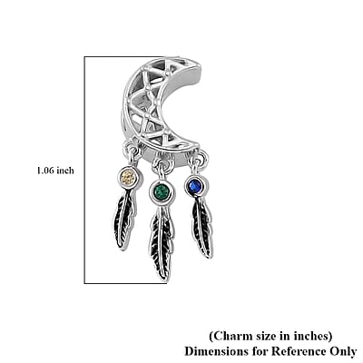 Simulated Multi Diamond Retro Moon Dreamcatcher Charm in Rhodium Over Sterling Silver 0.07 ctw