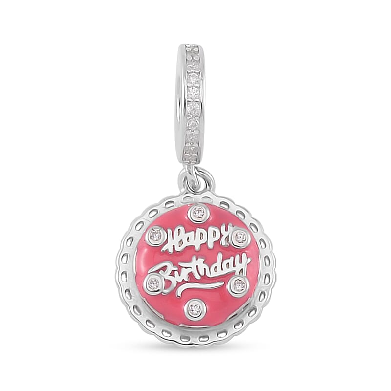 Simulated Diamond Happy Birthday Charm in Rhodium Over Sterling Silver 0.25 ctw