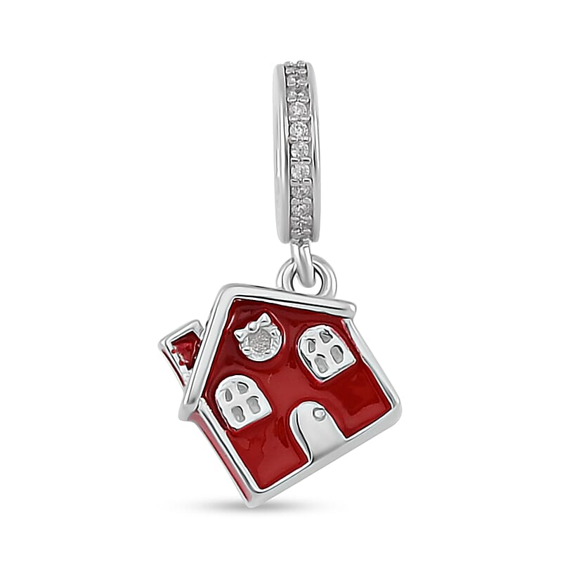 Simulated Diamond and Enameled A Red Home Charm in Rhodium Over Sterling Silver 0.25 ctw